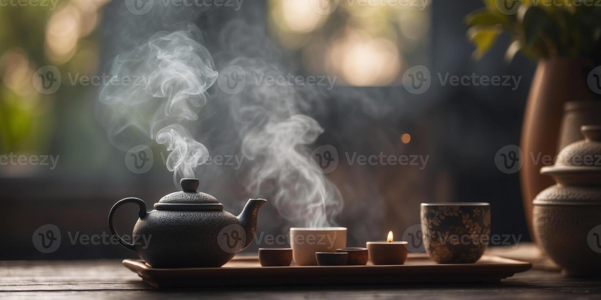 Traditional Tea Ceremony with Smoke and Incense. photo