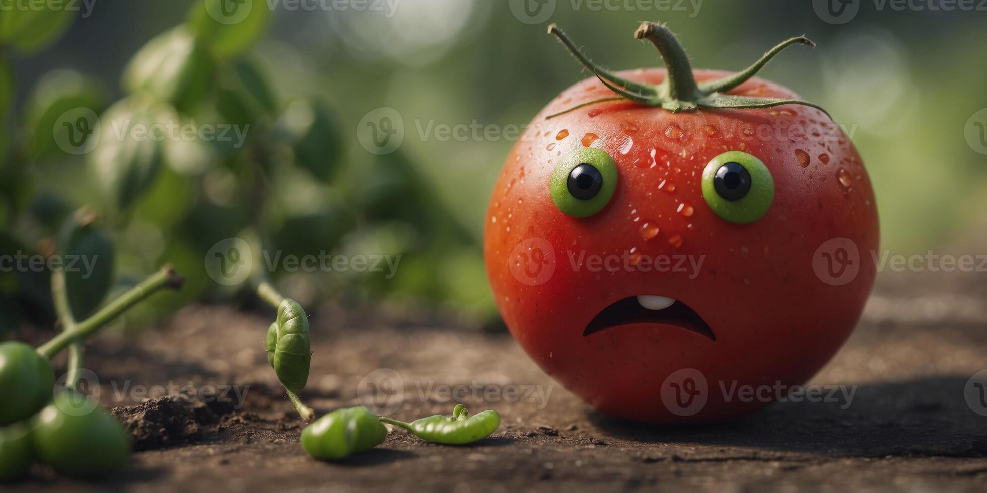 Sad tomato character with tearful expression and green leaves. photo