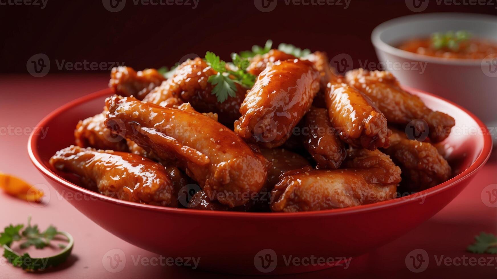 Red bowl filled with glazed cooked chicken wings on red background. photo