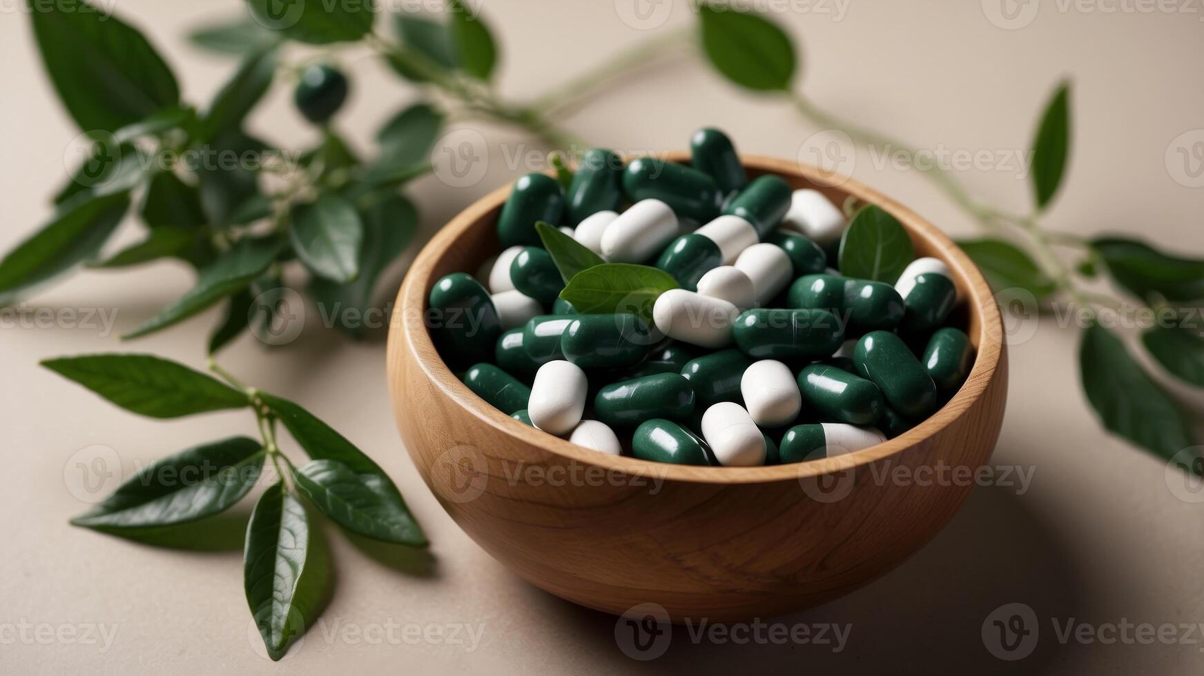 Top View of Pills and Green Leaves in Wooden Bowl on Neutral Background. photo