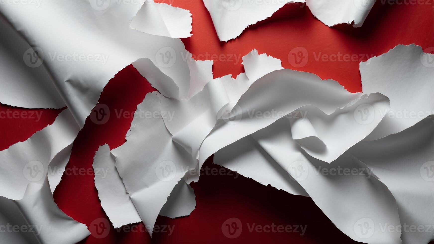 Torn white paper with ragged edges and red background Copy space. photo