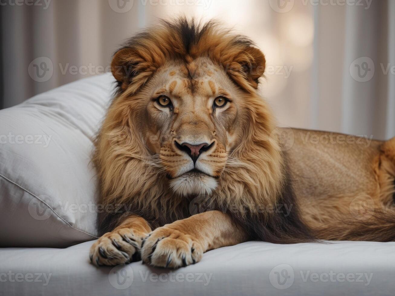 A lion laying on top of a bed covered in a blanket. photo