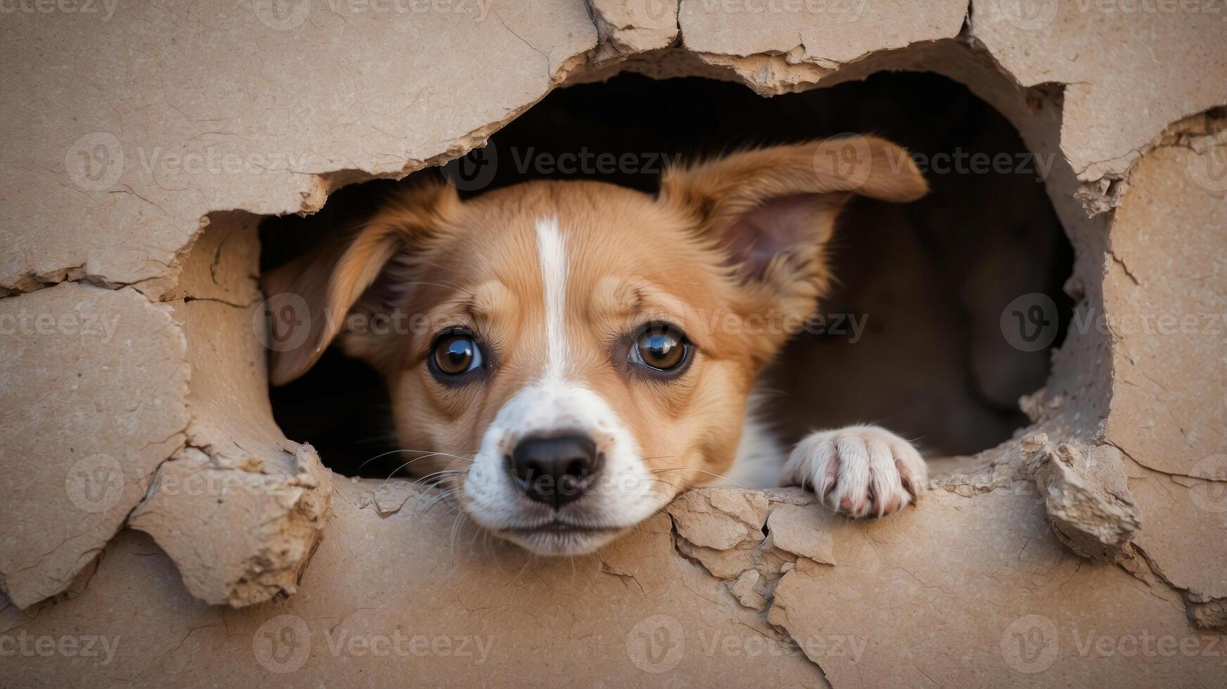 Charming puppy peeking through a torn hole in the wall. photo