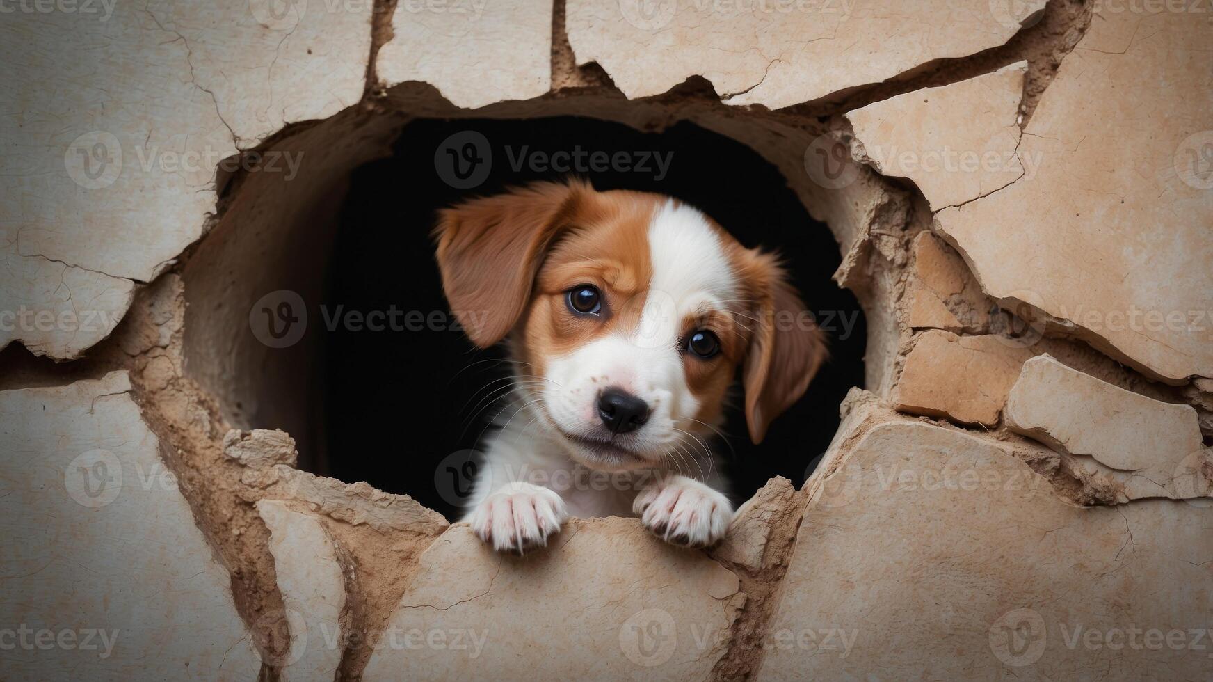 Charming puppy peeking through a torn hole in the wall. photo