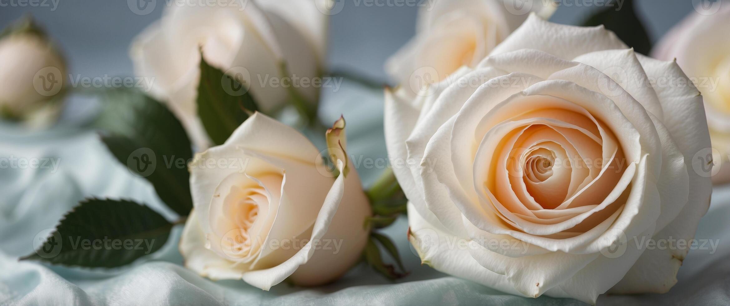 Creative background made of white rose on pastel silk sheet. photo