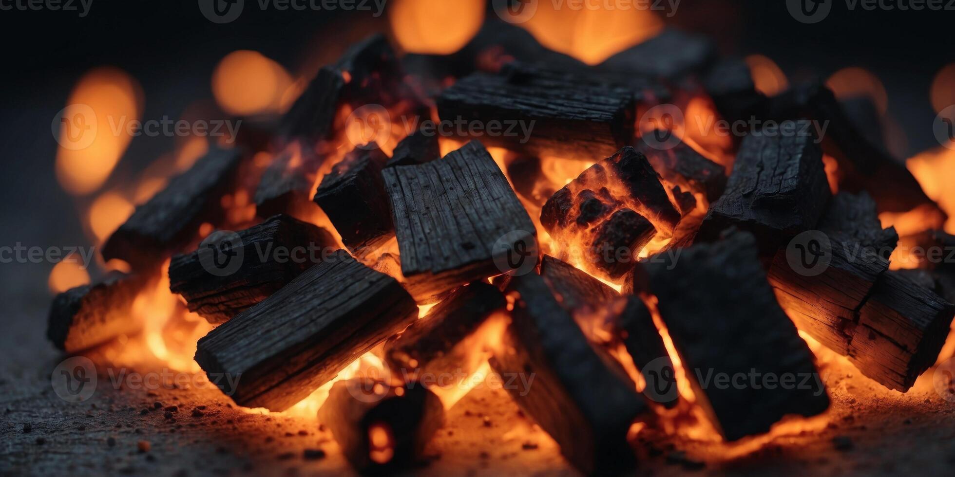 A pile of charred wood embers fading into the darkness. photo