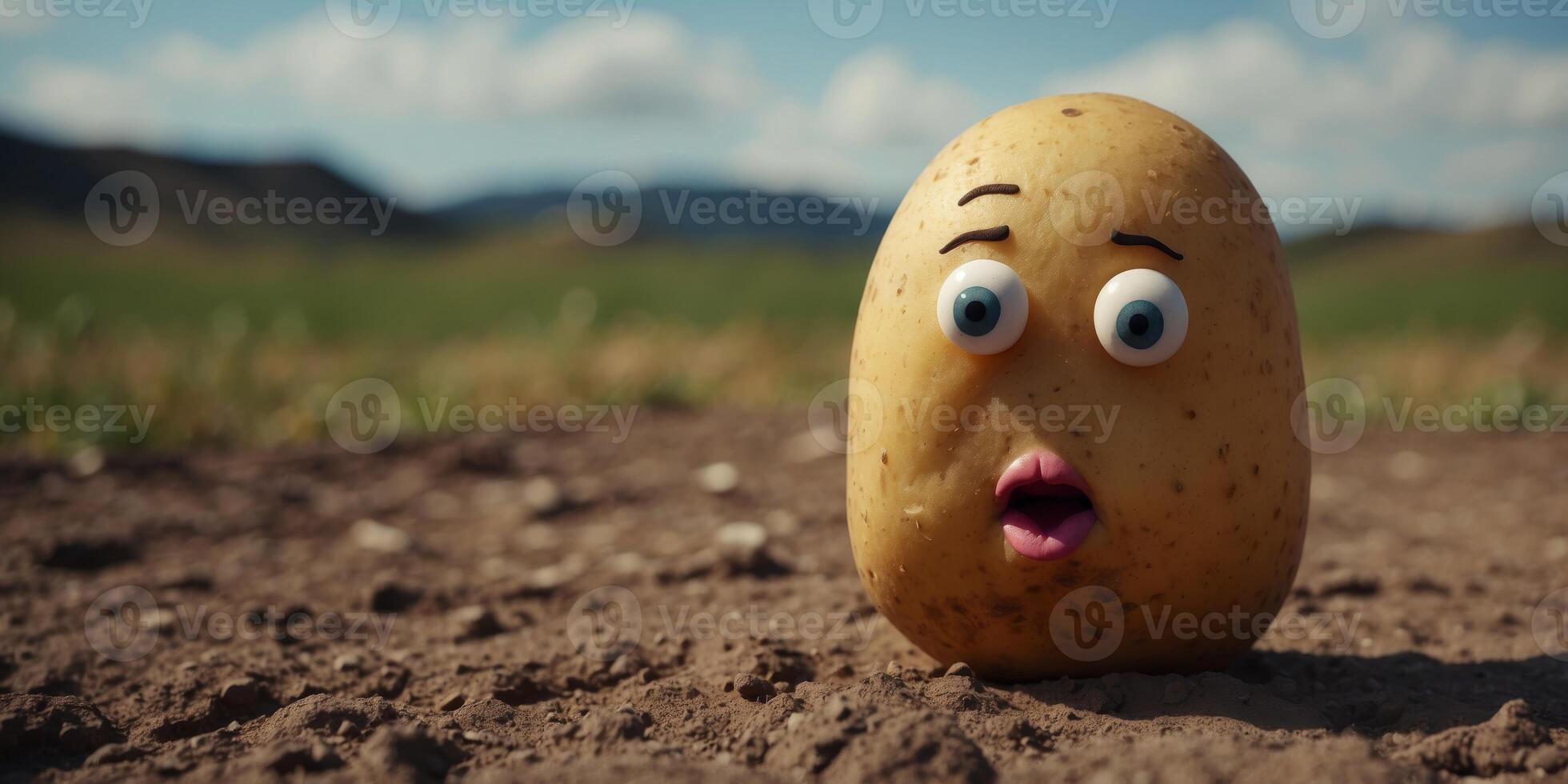 A potato with a sad facial expression rests on the ground banner. photo
