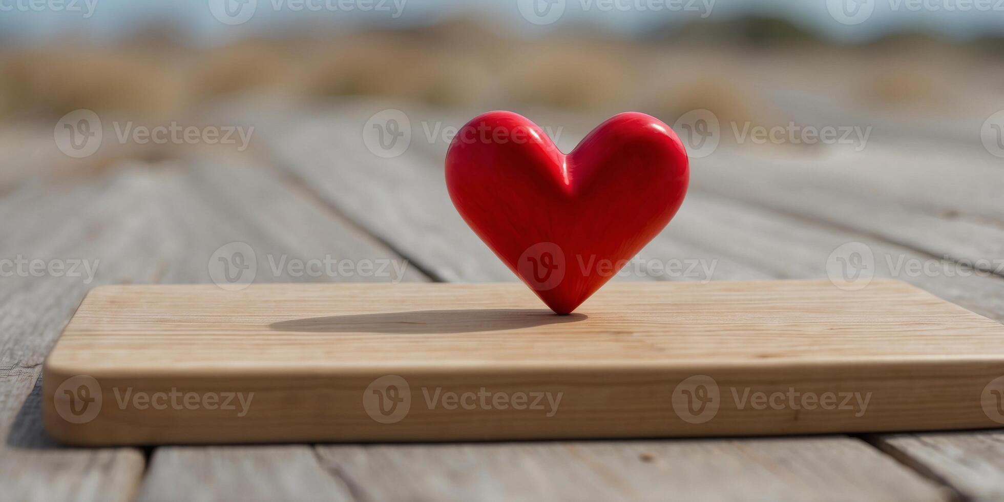 a red heart shaped object sitting on top of a piece of wood on top of a piece of plywood. photo