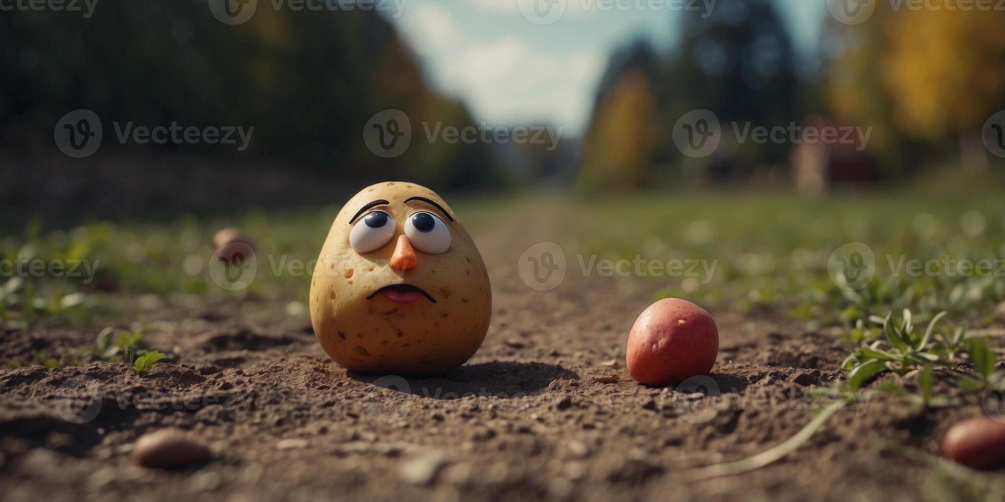 A potato with a sad facial expression rests on the ground banner. photo