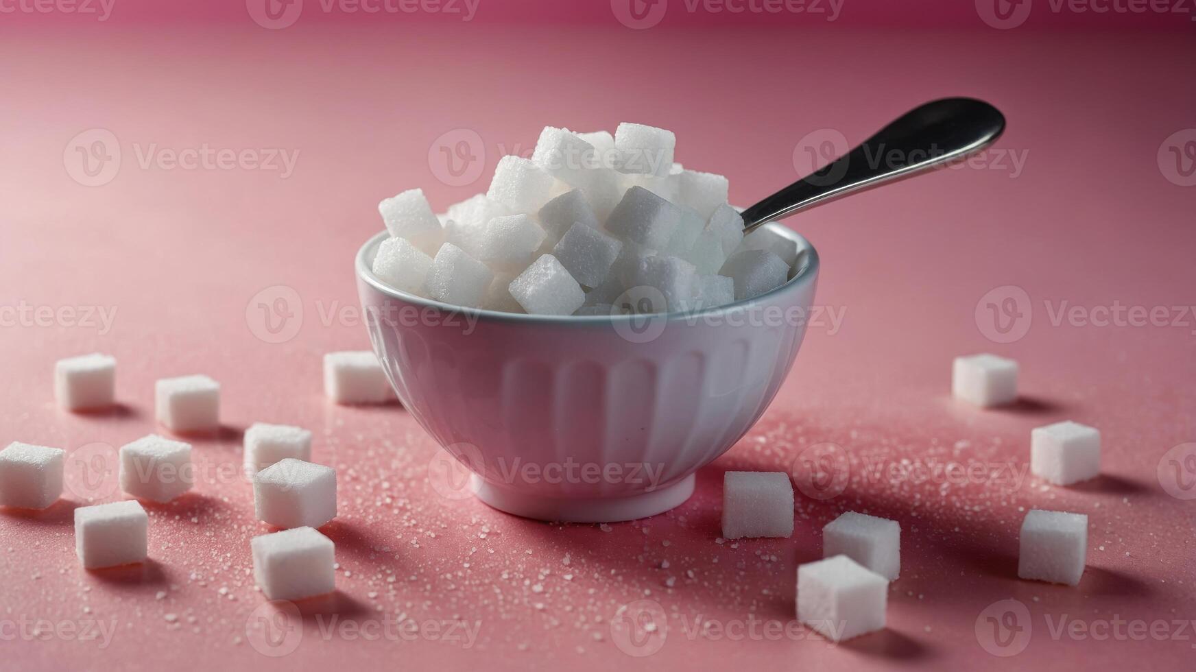 White sugar in the spoon and sugar cubes on pink. photo