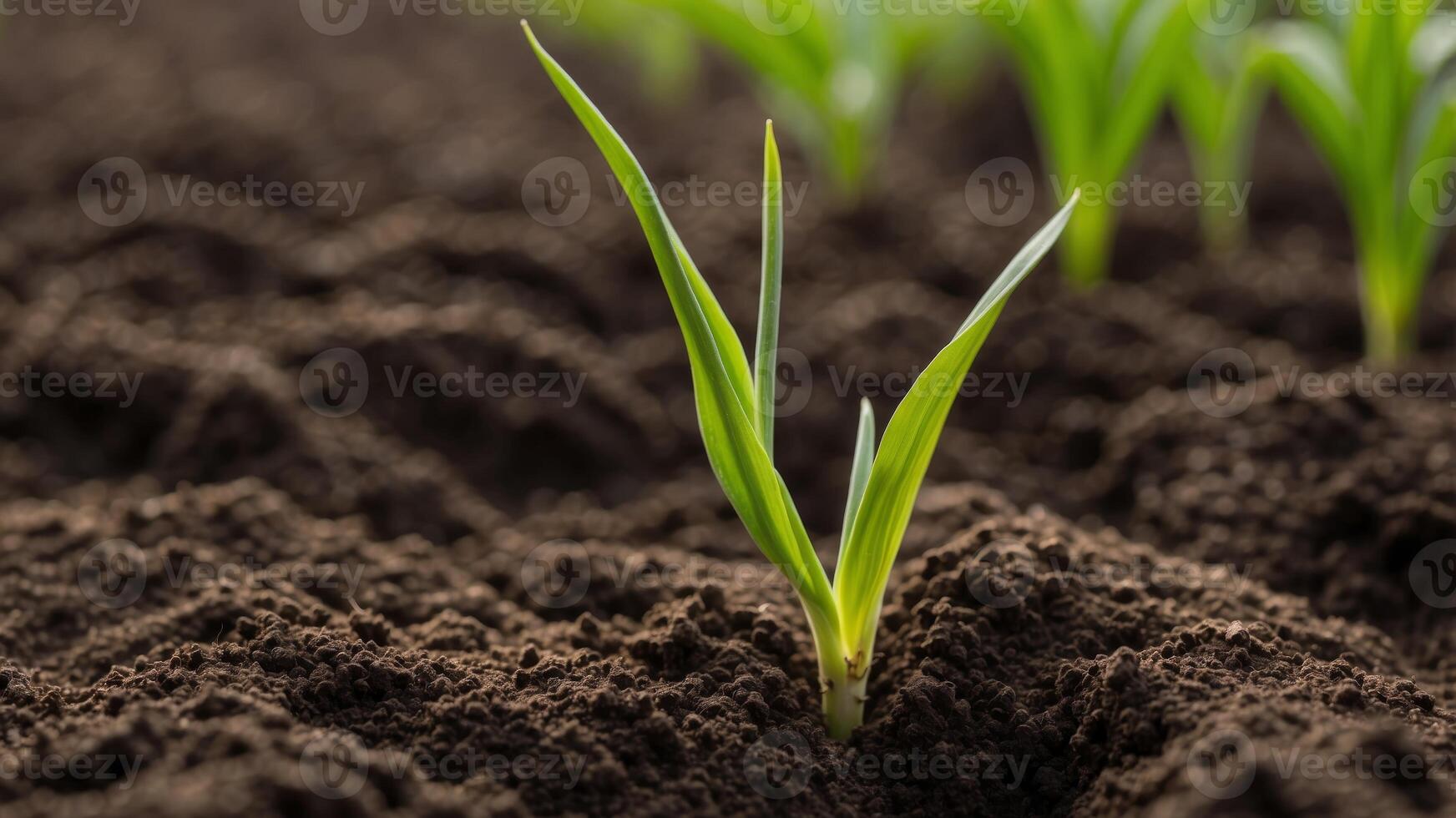 Young Corn Shoots Emerging From the Soil. photo