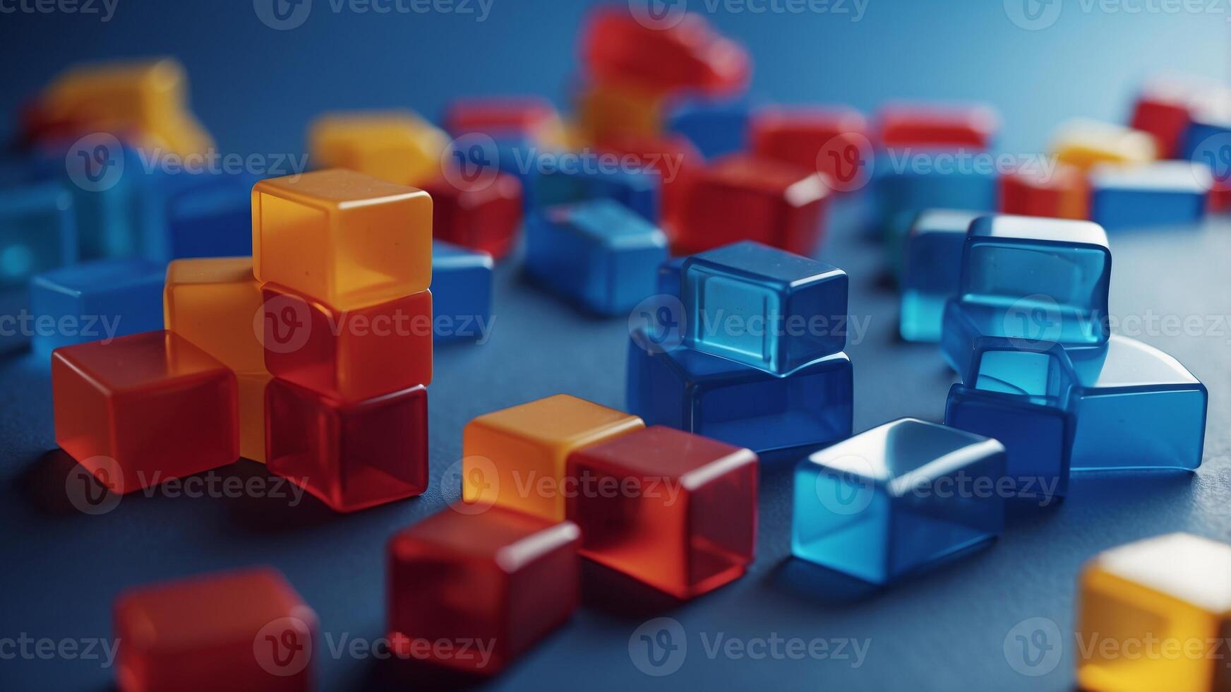 Close up color plastic block is build project on blue background. photo
