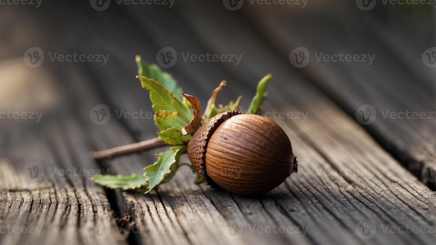 Single acorn resting on weathered wooden surface outdoors. photo