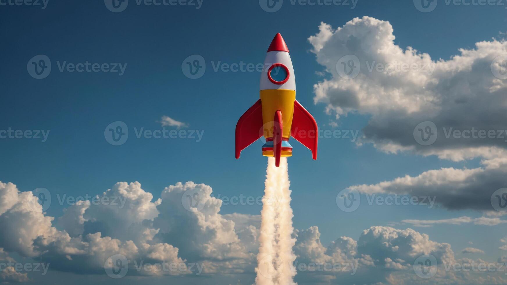 toy rocket flying over a sky with clouds. photo