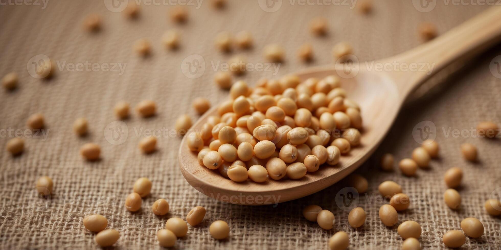 Close-up of a wooden spoon filled with soy beans on a burlap background. photo