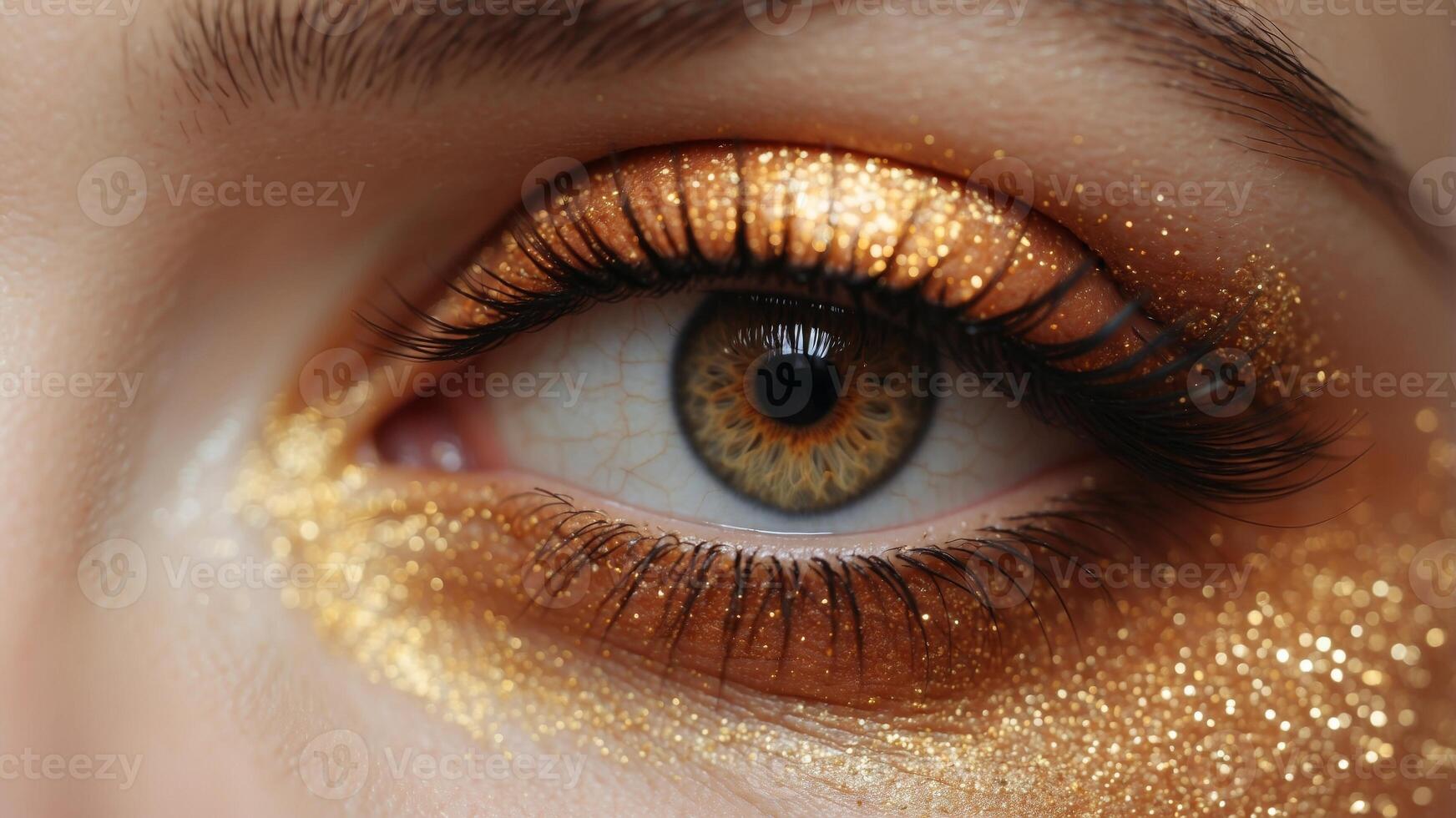 close up of an eye with peach fuzz color glitter eye shadows. photo