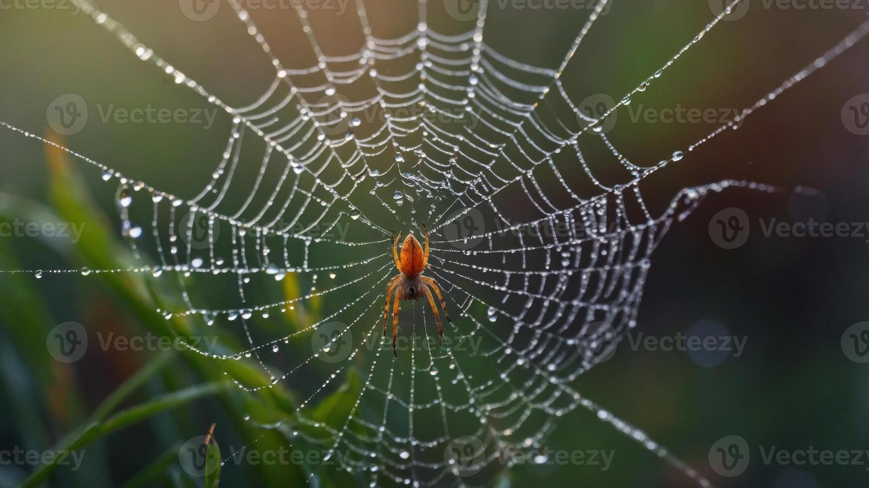 Spider web covered in dew with a large spider in the center. photo