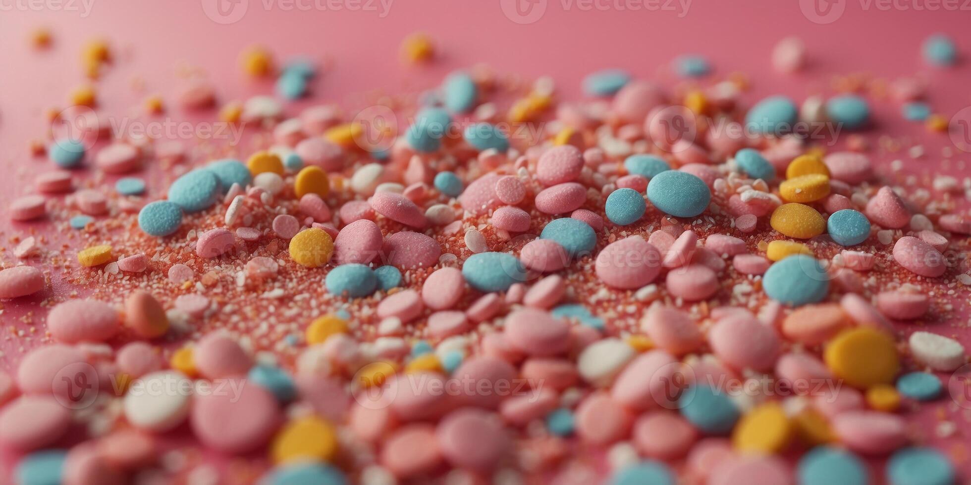 Colorful sugar sprinkles on pink background with copy space. photo