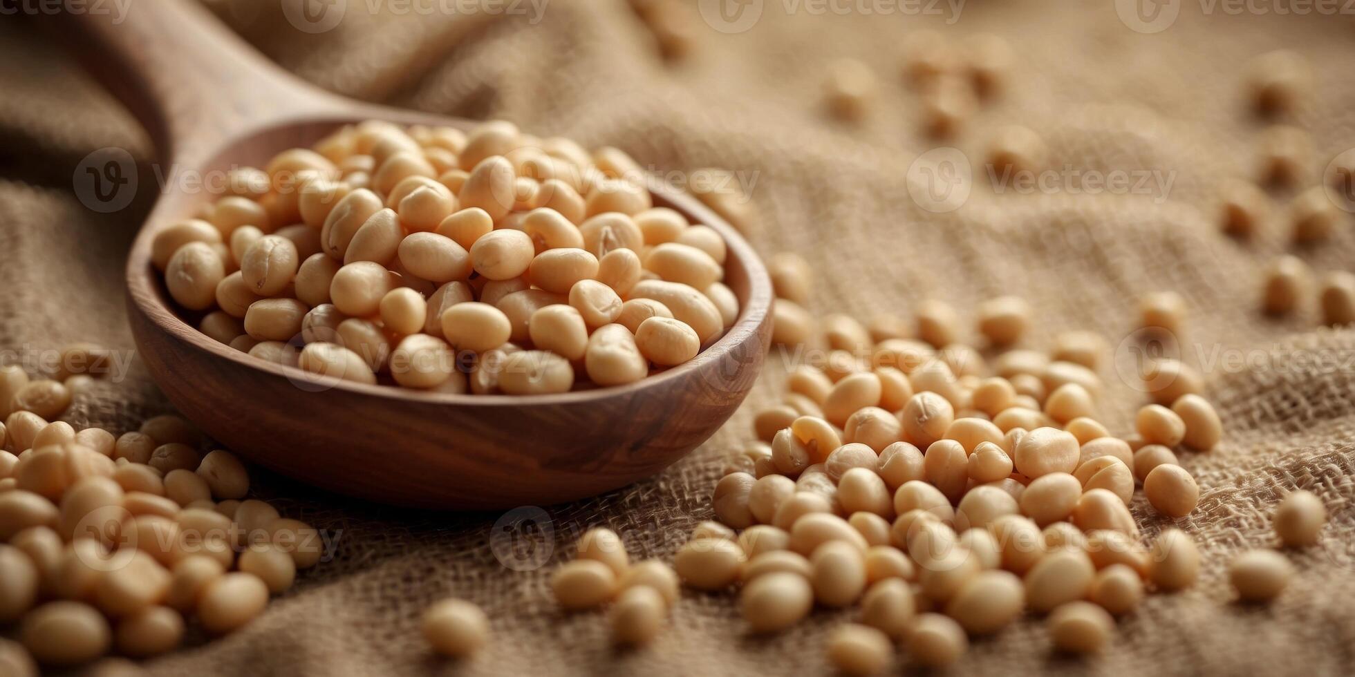 Close-up of a wooden spoon filled with soy beans on a burlap background. photo