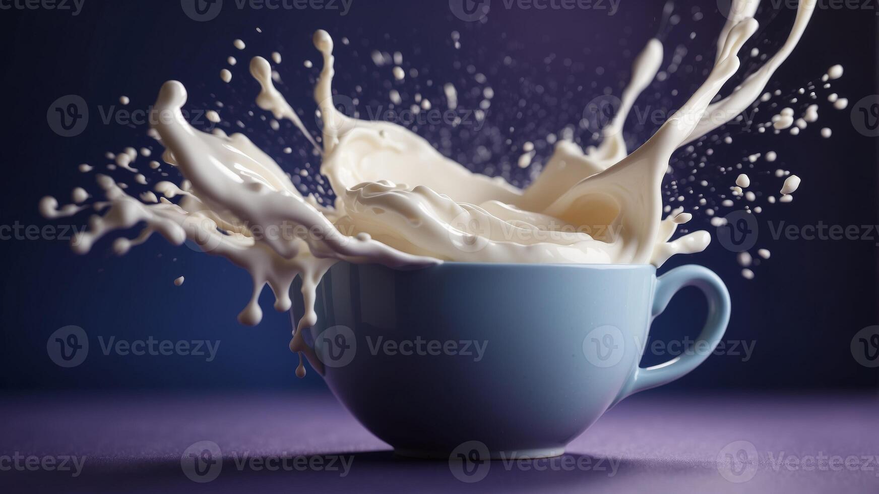 Milk cream exploding around from cup on violet blue bright pastel background. photo