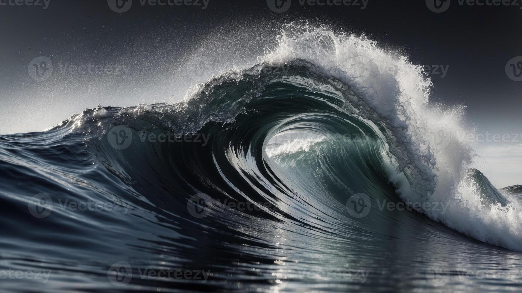 A black and silver image of a wave with a silver liquid flowing through it. photo