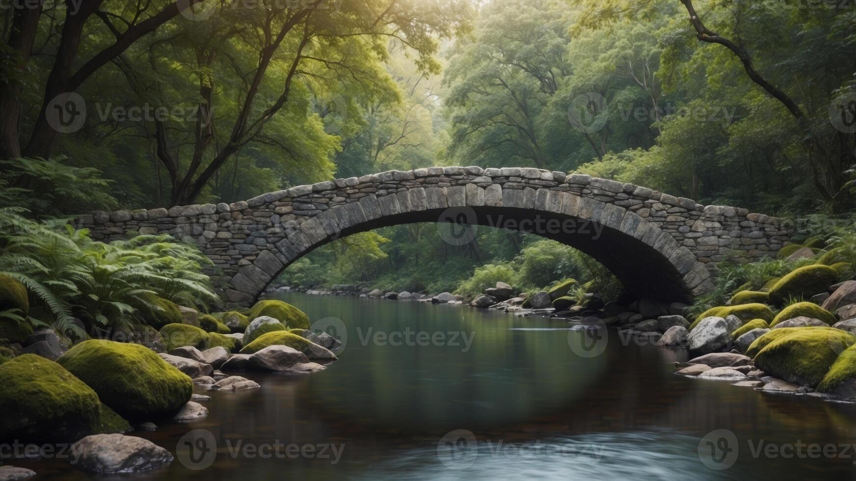 Stone bridge over tranquil creek in lush forest. photo