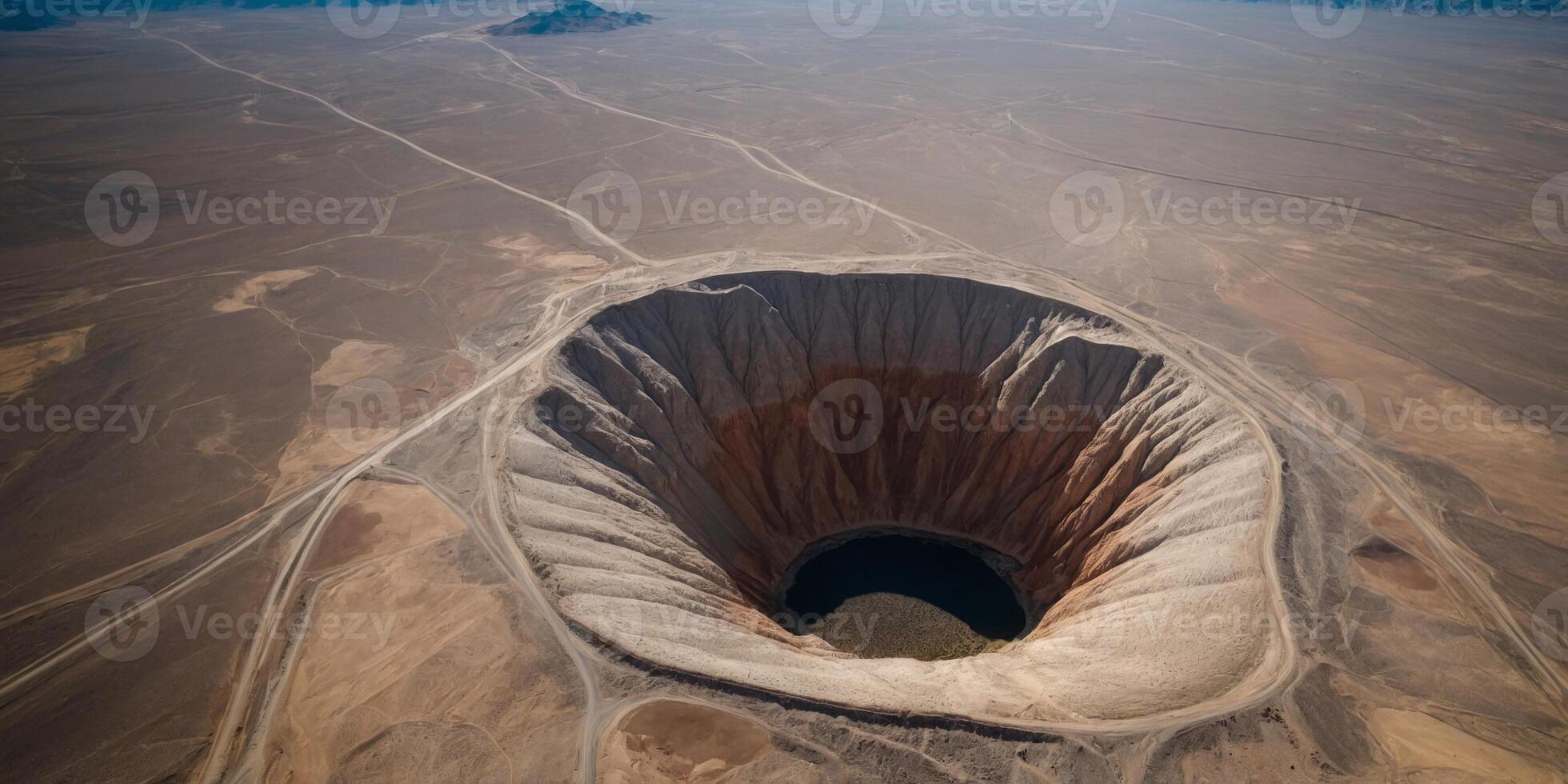 Aerial view of large crater in barren desert landscape with sparse road networks. photo