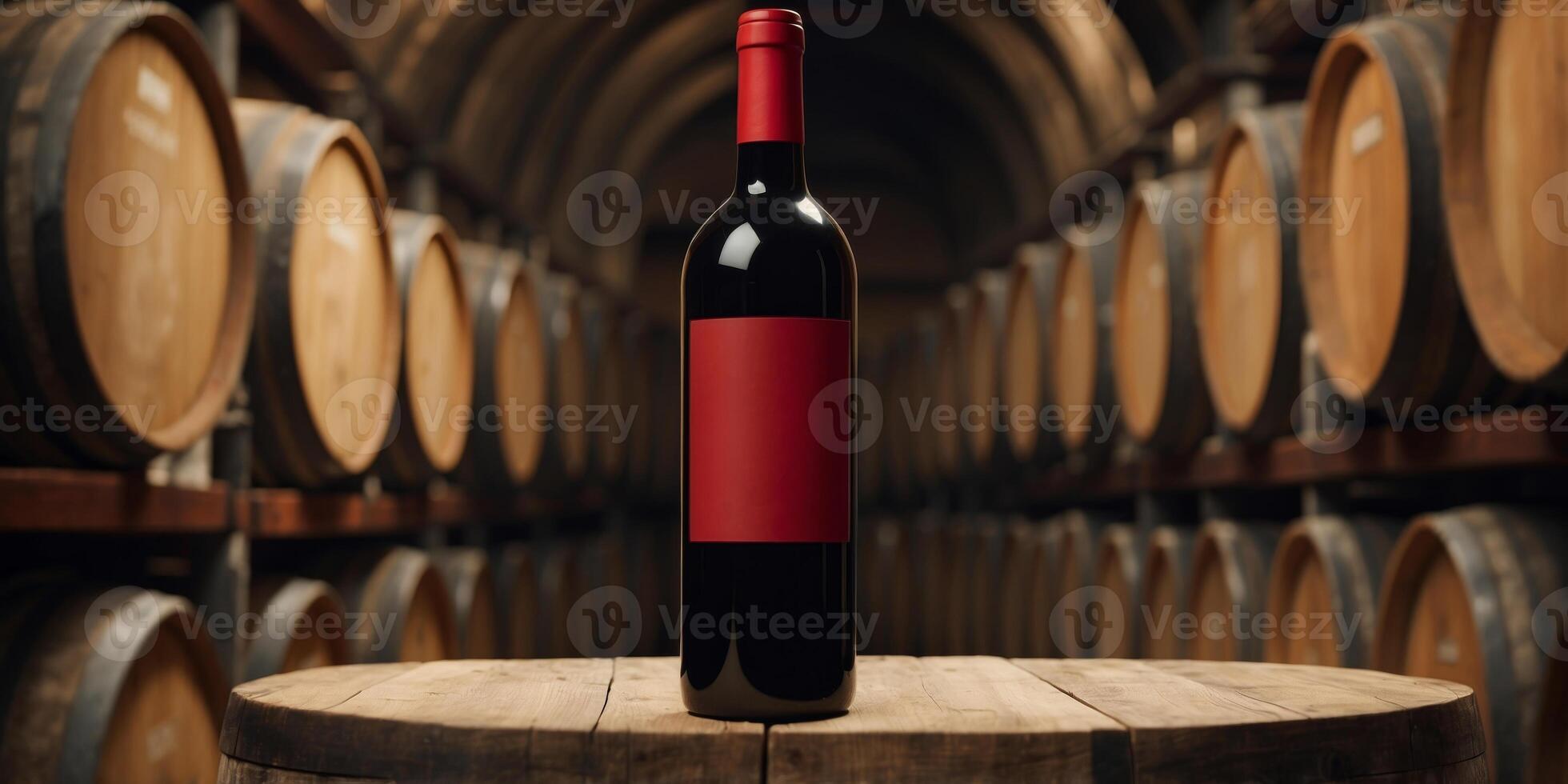 A bottle of red wine with a blank label placed on a wooden barrel in a wine cellar Shelves with wine bottles are visible in the background. photo