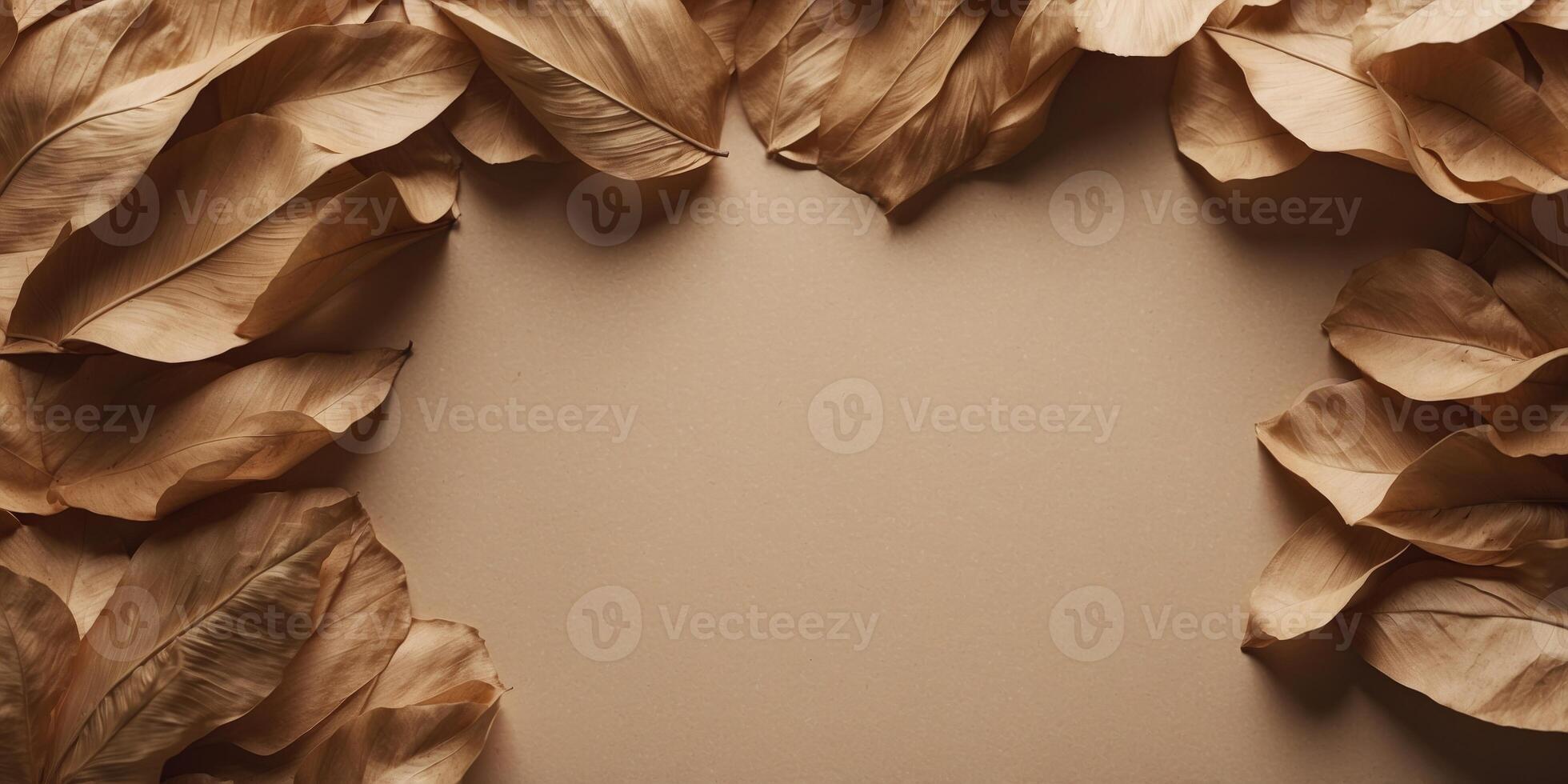 Minimal stationery still life Dry palm leafs on craft paper. photo