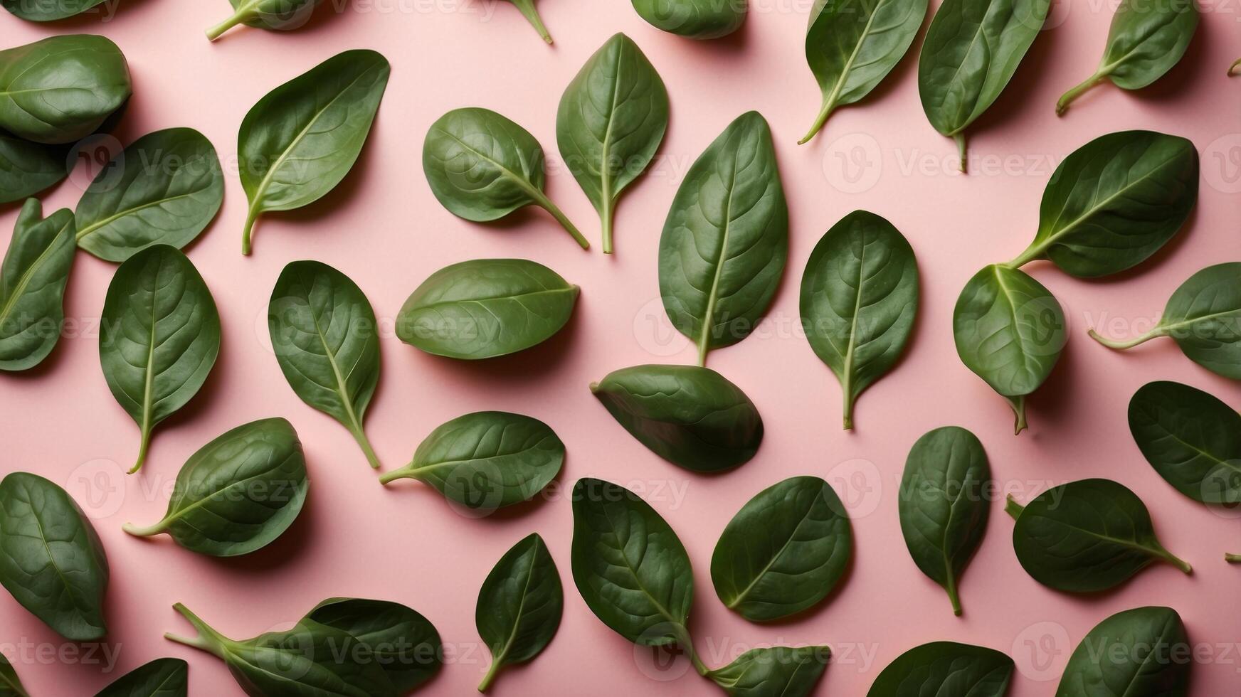 Fresh spinach leaves spread upon pink background. photo