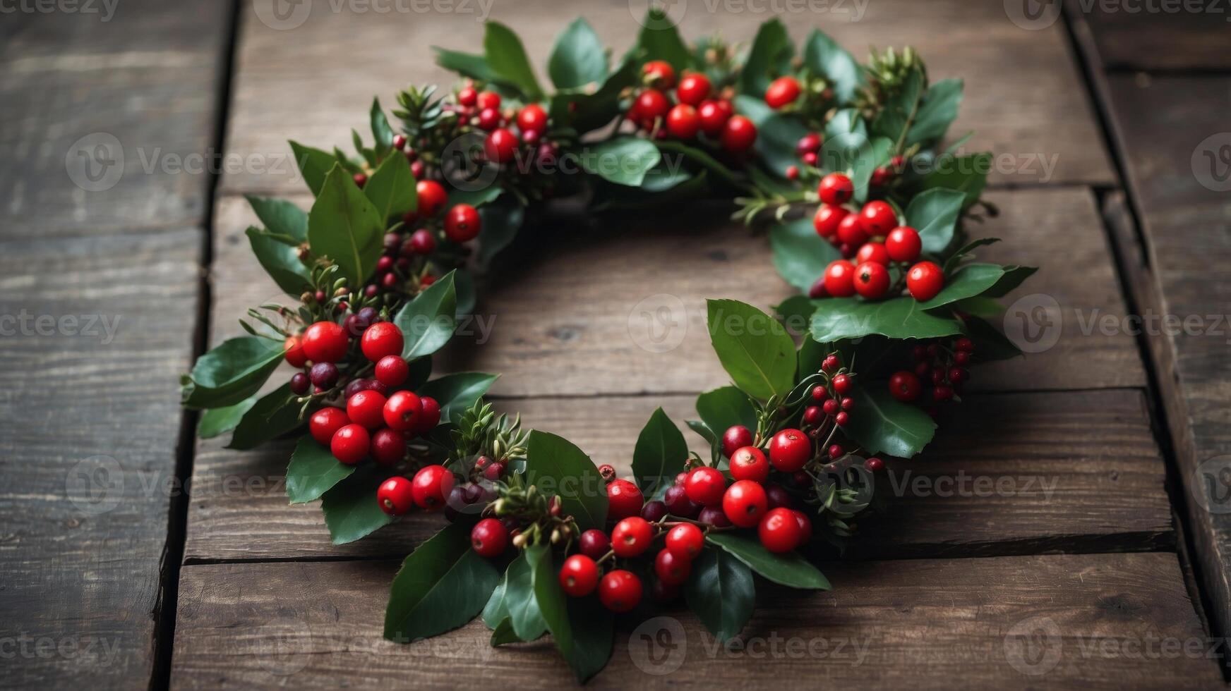 Festive wreath with red berries and green leaves on wooden background. photo