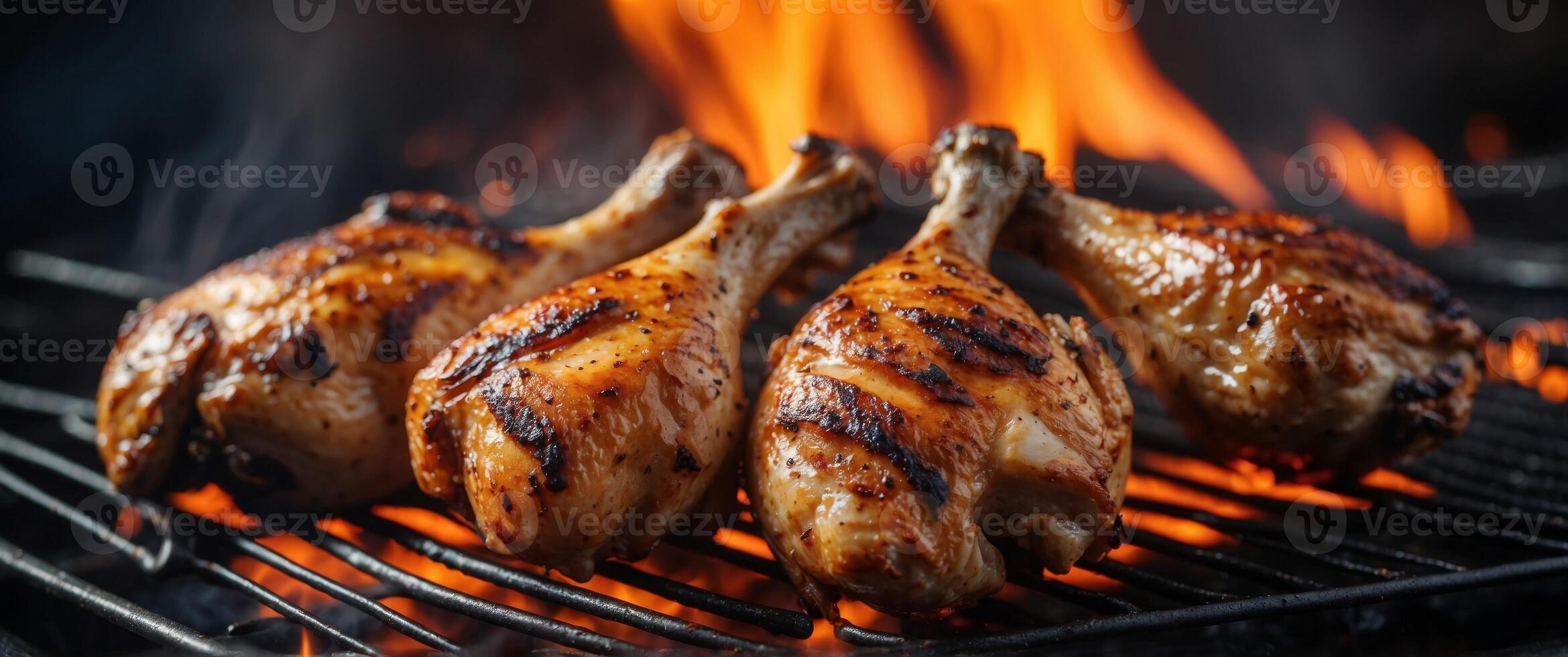 Close-up of grilled chicken legs on a barbecue grill with flames in the background. photo