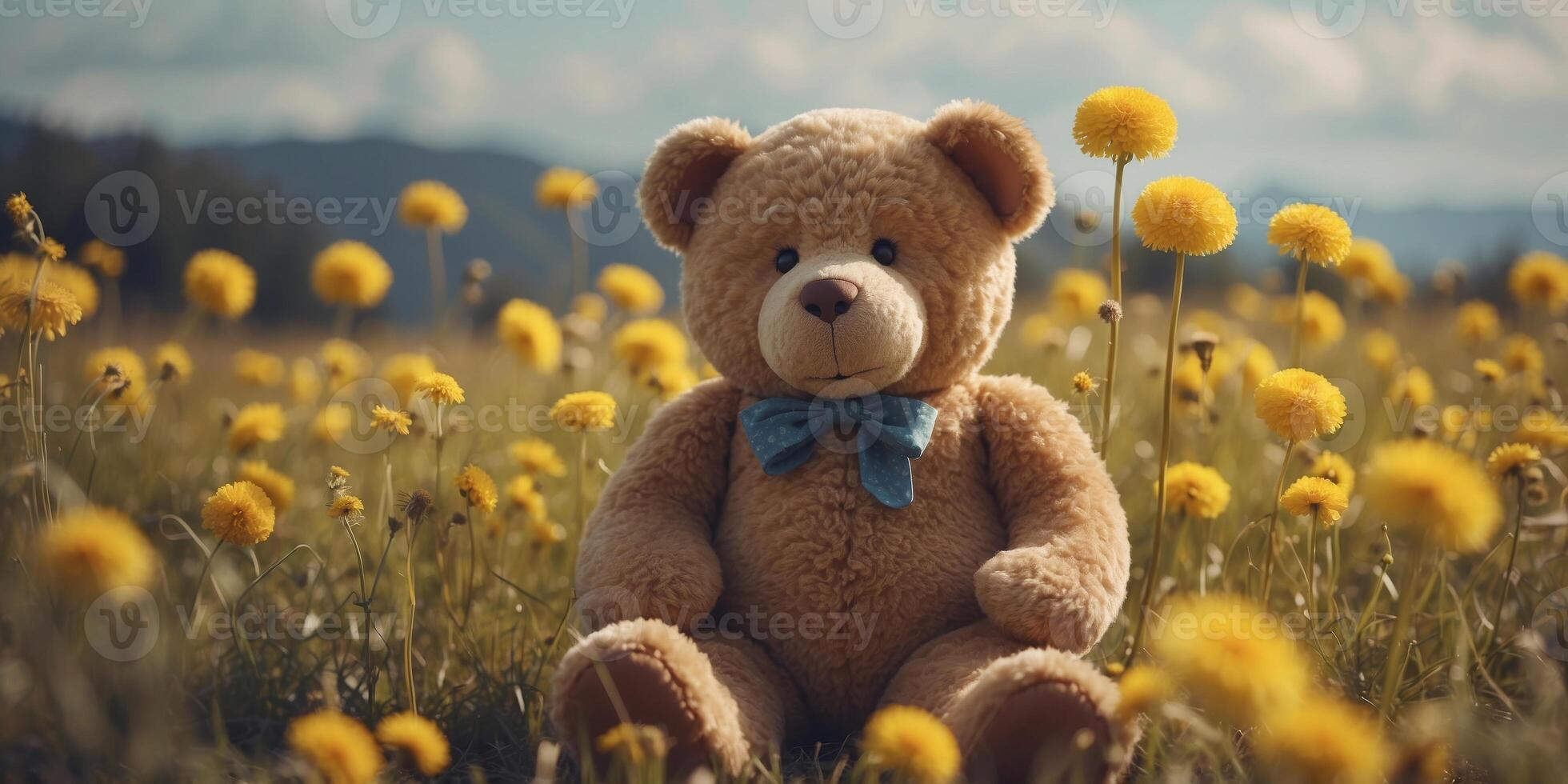big teddy bear sitting on dandelions meadow. photo