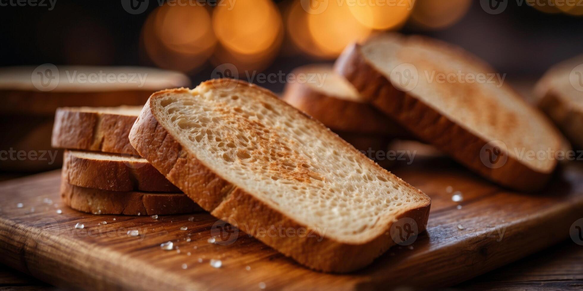 Close-Up of Freshly Toasted Bread Slices on Wooden Board. photo