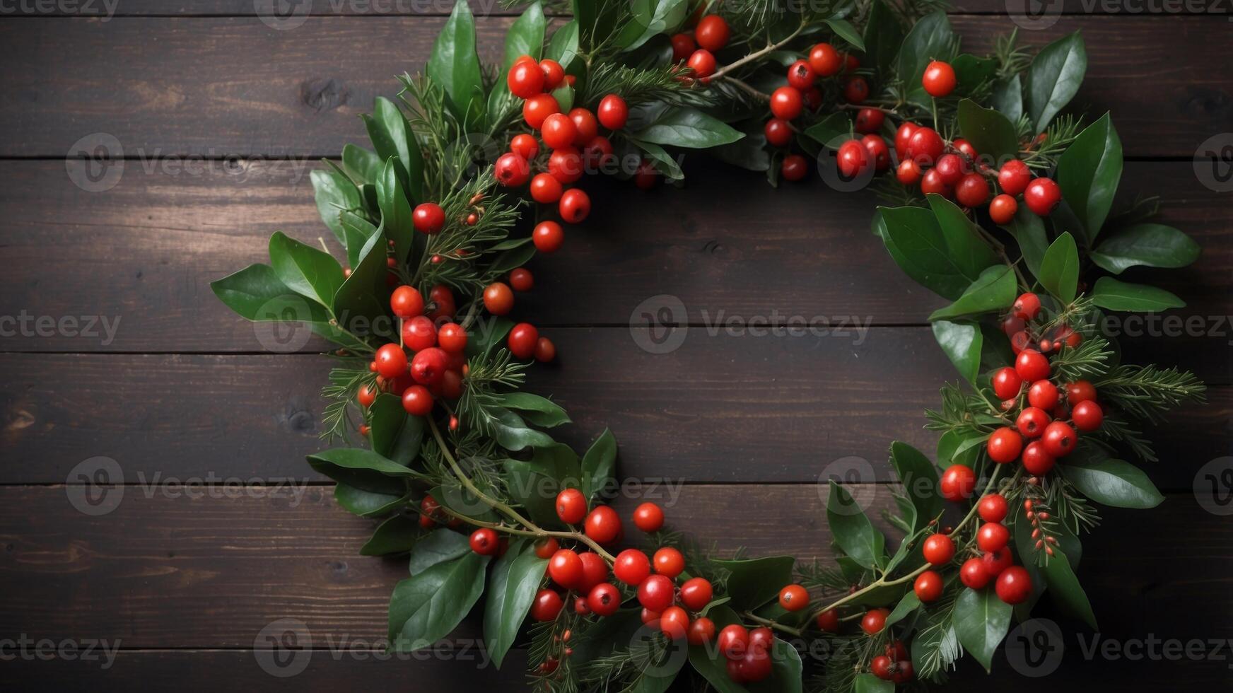 Festive wreath with red berries and green leaves on wooden background. photo