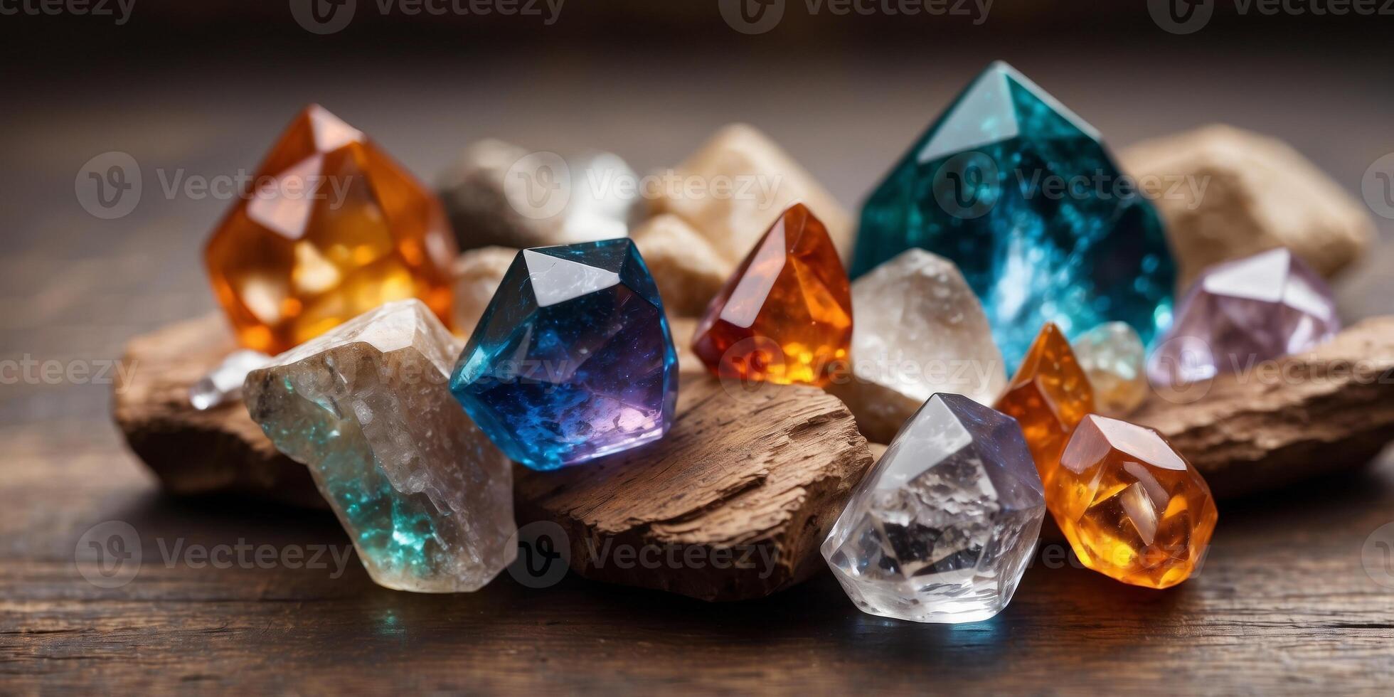 Collection of Various Crystals and Minerals on Wooden Table. photo