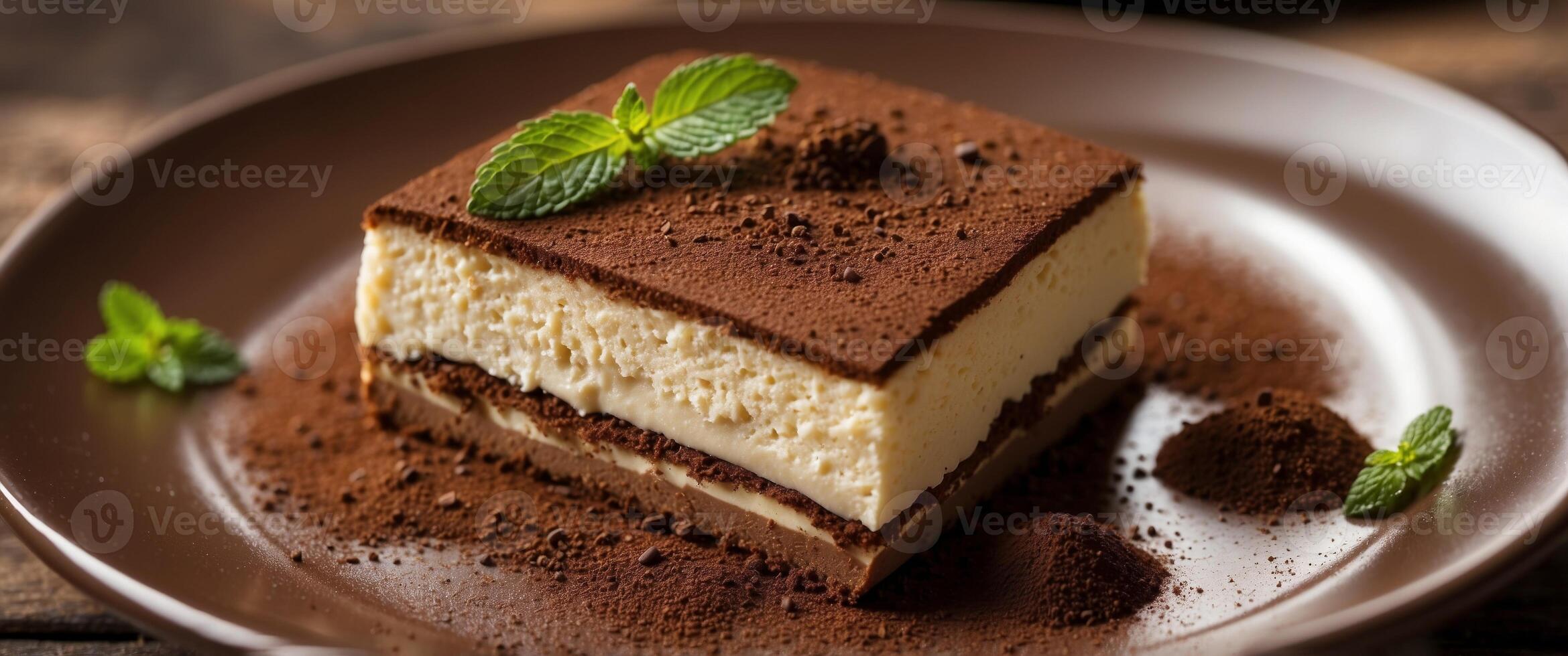 A single serving of tiramisu dessert with cocoa powder and a mint garnish on a brown plate. photo