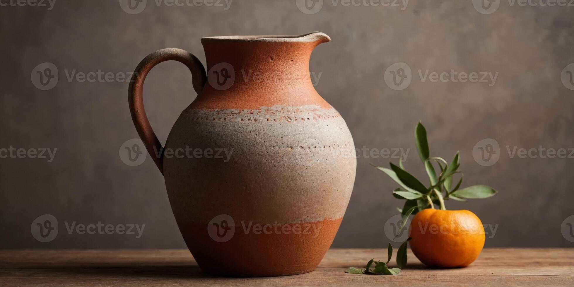 Minimalist Rustic Clay Jug on Warm Background. photo