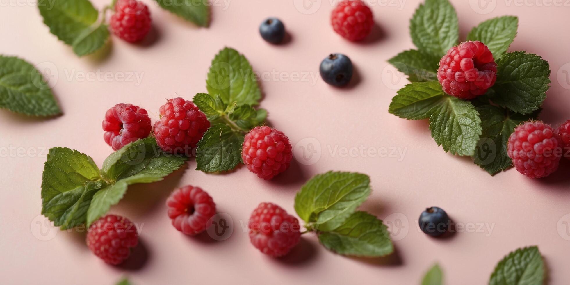 Assorted berries and mint leaves on a pink background. photo