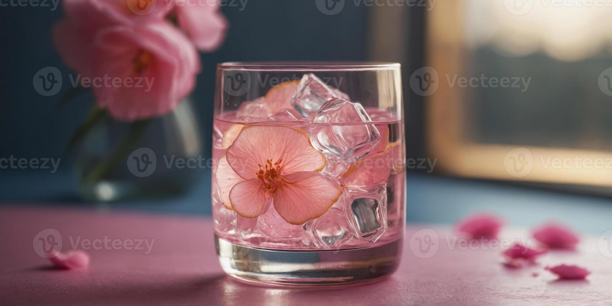 Clear glass of water with pink straw on background. photo