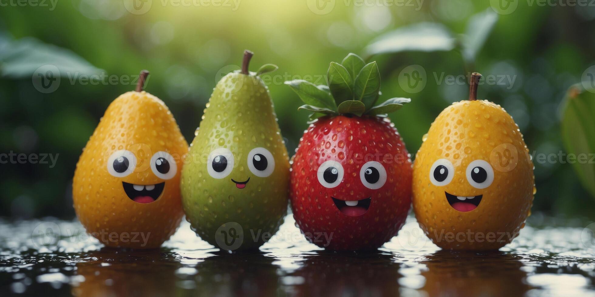Four adorable fruit characters with smiling faces standing among wet green leaves, displaying a whimsical scene. photo