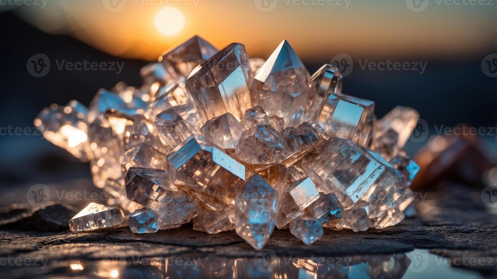 Sparkling quartz crystal cluster on reflective surface. photo