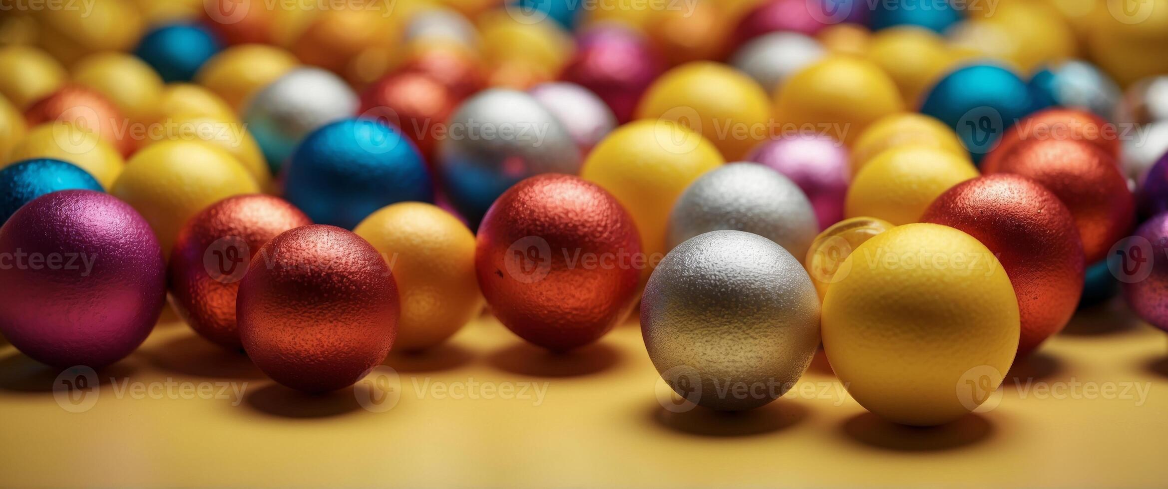 Heart Shaped Colorful Balls On Yellow Valentines Day Background. photo