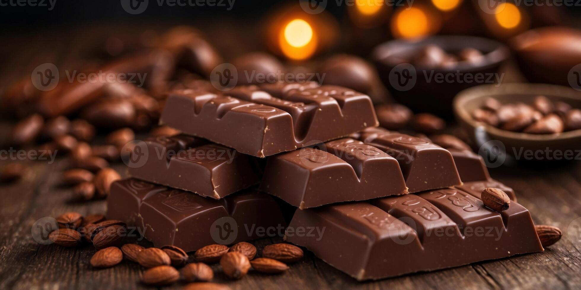 Chocolate bars and cocoa beans on a rustic table. photo