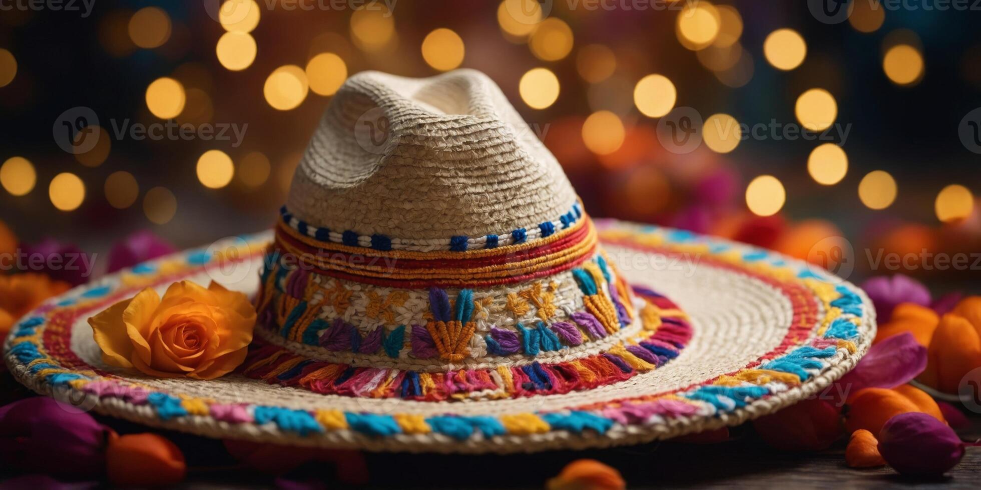 Sombrero with dancers figures within traditional attire within the background. photo