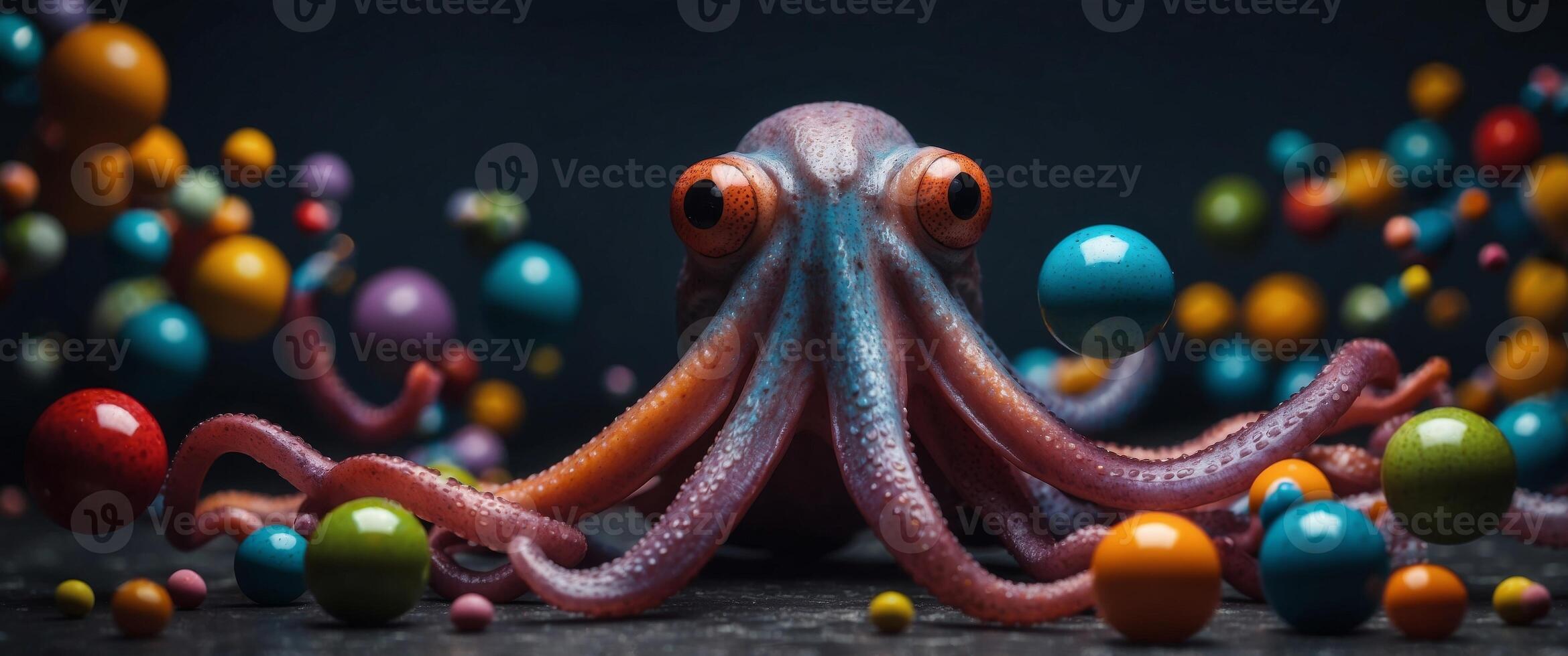 Playful octopus juggling colorful balls with its tentacles minimalist. photo