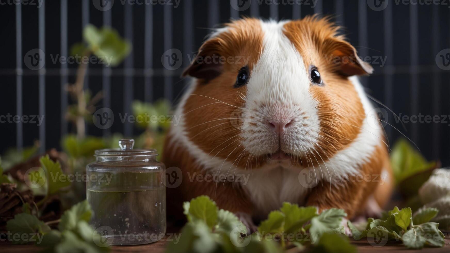 Brown as well as white guinea pig drinking from water bottle within cage. photo