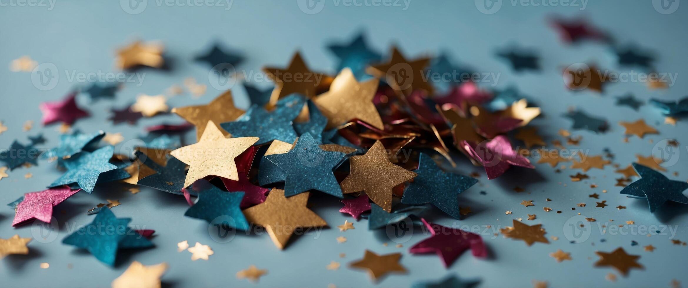 Star shaped festive confetti scattered on pastel blue background. photo