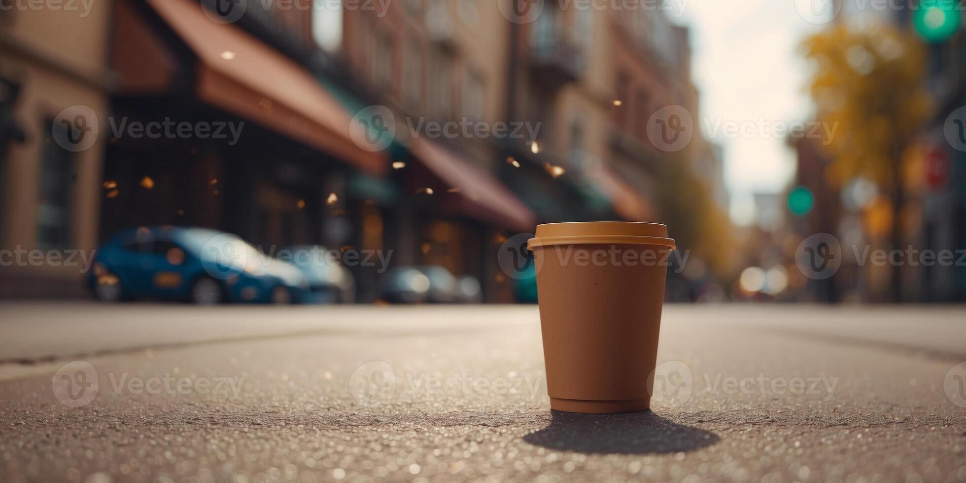 A brown paper coffee cup is thrown into the sidewalk. photo