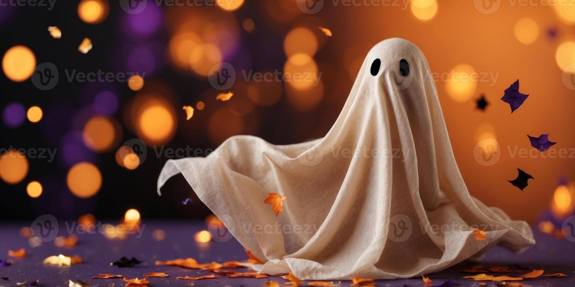 Halloween sheet ghost on an orange solid color background with gold black and purple flying confetti. photo